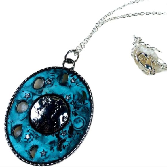 Super cute teal & silver phases of the moon necklace - Picture 1 of 3